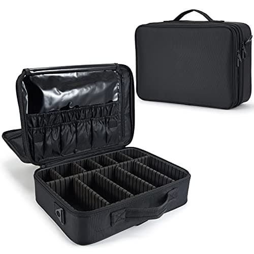 Image of Makeup Bag Extra Large Travel Makeup Bag with Compartment Cosmetic Bags Makeup Organiser Bag Vanity Case Makeup case and Shoulder Strap, Black