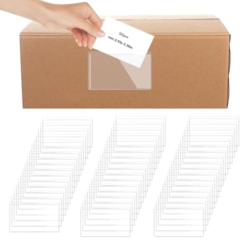 Image of 50Pcs Clear Adhesive Pockets Self Adhesive Index Card Holder 10 x 6cm Plastic Label Holders with Top Open Waterproof Business Card Holder Sleeves for Storage Boxes Library Office Bookshelf