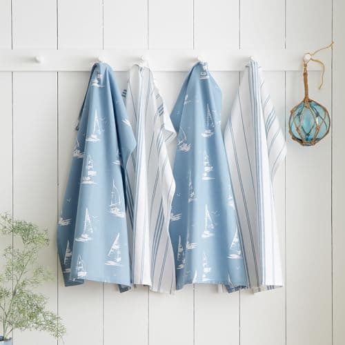 Image of Catherine Lansfield Salcombe Boats Cotton 50x70cm Kitchen Tea Towel Pack of 4 Blue