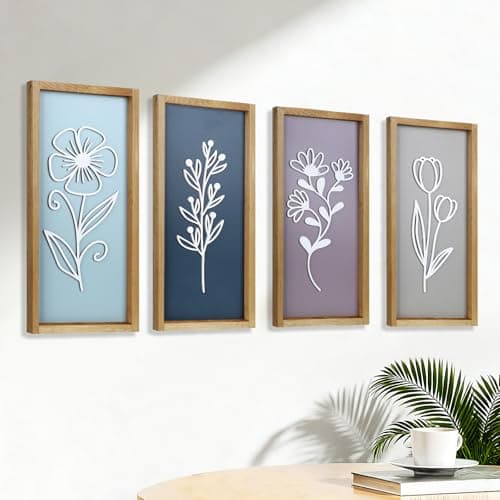 Image of YiYa 4 Piece 3D Wooden Floral Wall Art Decorative Wooden Wall Art Farmhouse Bohemian Wall Art for Living Room Bedroom Office Kitchen Wall Decor(Colorful)
