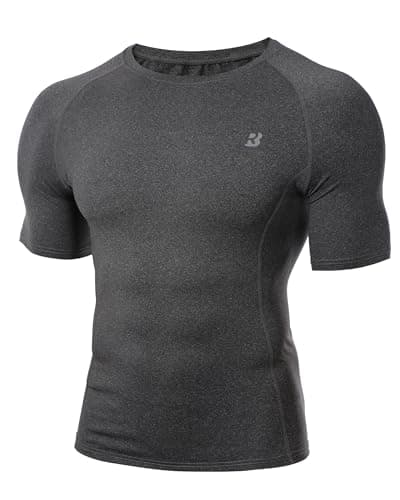 Image of WISMBOX Men's Compression Shirt, Short Sleeve Quick Dry T-Shirt, UPF 50+ Sun Protection Base Layer Gym Top for Running Football Dark Heather Grey