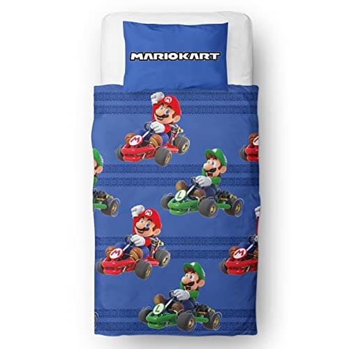 Image of Nintendo Mario Kart Official Single Duvet Cover Set, Checkers Design | Blue Reversible 2 Sided Bedding Cover Official Merchandise Including Matching Pillow Case