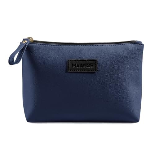 Image of Small Cosmetic Bag for Purse MAANGE Small Makeup Bag Portable Travel Makeup Pouch Waterproof PU Leather Make up Bag with Handle Cute Versatile Zipper Pouch for Women (Dark Blue)