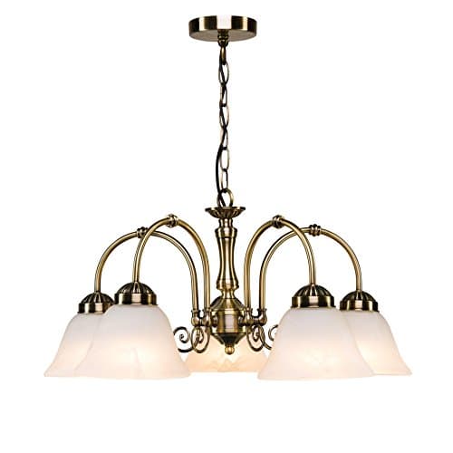 Image of Lighting Supermarket Elegant Diner Ceiling 5 Light Pendant - Antique Brass - Alabaster Glass