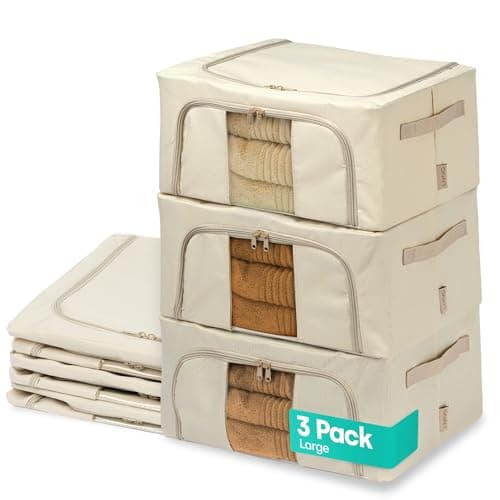 Image of LIVIVO Set of 3 Storage Bags Boxes Organiser - Collapsible Storage Box with Double Opening Zips & Clear Windows for Storing Duvets, Blankets, Bedding, Clothes, Towels, Sweaters, Toys - 24L, Beige