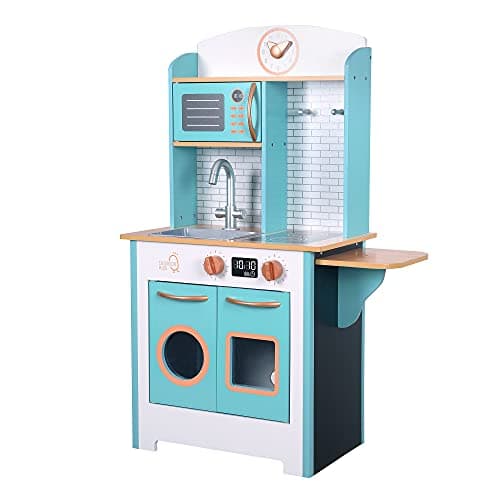 Image of Teamson Kids Wooden Little Chef Small Retro Wooden Play Kitchen Toy Pretend Play Set with Interactive Features & 7 Role Play Accessories Blue/White