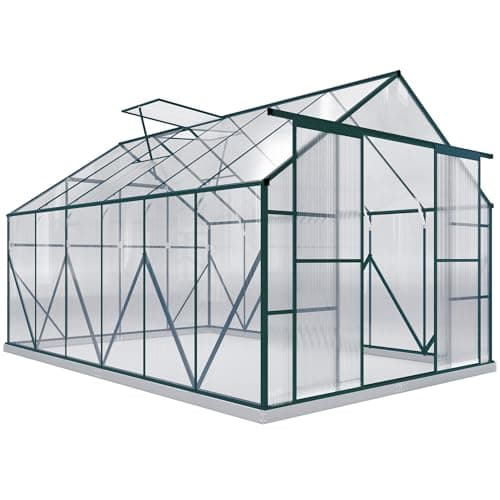 Image of Outsunny 8 x 12ft Aluminium Greenhouse Polycarbonate Walk in Garden Greenhouse Kit with Adjustable Roof Vent, Rain Gutter, Double Sliding Door and Foundation - Clear