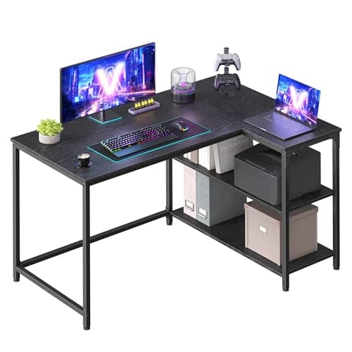Image of VASAGLE L Shaped Corner Desk, Computer Gaming Desk with Storage, Reversible Height-Adjustable Shelves, for Home Office, 110 x 80 cm, Ebony Black LWD135BE01