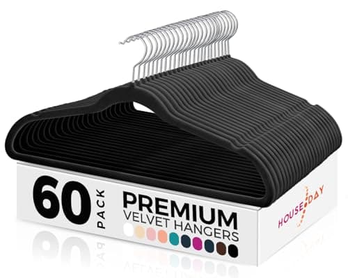 Image of HOUSE DAY Black Velvet Hangers 60 Pack-Premium Clothes Hangers Non-Slip Felt heavy Duty Coathanger, Durable Suit Hanger for Space Saving, No Hanger Marks 360 Rotating (Black, 60 Pack)