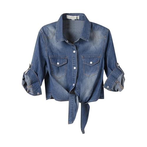 Image of Denim Crop Tops for Women Button Down Blouse Roll Up 3/4 Sleeve Tie Front Knot Shirts Fashion Y2k Going Out Tops/UK Size/Ladies