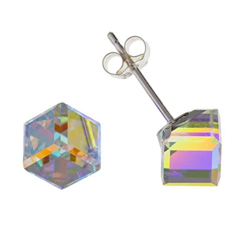 Image of 6MM WOMENS Sparkly Clear Rainbow AURORA AB Austrian Crystal Cube Stud Earrings/Ear Studs for Women/Teenage/Girls - 925 Sterling Silver