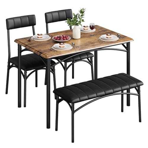 Image of Crevyteg Space-Saving 4-Piece Dining Table Set Modern Industrial Kitchen Table with 2 Chairs and Bench for 4 Seater Dining Room Small Spaces