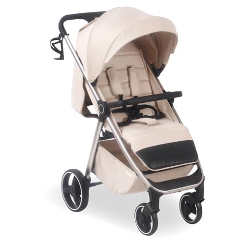Image of My Babiie MB160 Pushchair – from Birth to 4 Years (22kg), 4-Wheel Suspension, Large Basket, XL Canopy, Foldable, Compact, Stroller with Footmuff, Cup Holder, Rain Cover – Oatmeal