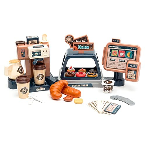Image of Kids Pretend Play Coffee Shop Set, 41PCS Realistic Coffee Maker Toy with Fake Food & Cash Register, Educational Role Play Kitchen Toy for Boys Girls Ages 3+, STEM Learning Toy Gift (Brown)