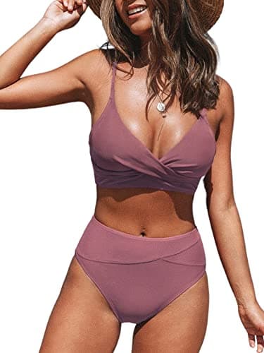 Image of CUPSHE Women's Twist Front High Waisted Bikini Set V Neck Padded Two Pieces Bathing Suits Swimsuits Grape Purple L