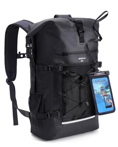 Image of ECOHUB Waterproof Dry Bag Backpack, Roll Top Closure Heavy Duty Waterproof Backpack, Dry Bag Rucksack with IPX8 Waterproof Phone Case for Hiking, Kayaking, Boating, Camping, Fishing, 30L-Black