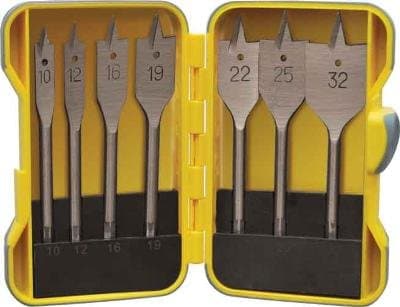 Image of BUILDERS BRAND 7 PIECE FLAT WOOD DRILL BIT SET IN A RUGGED CARRY CASE