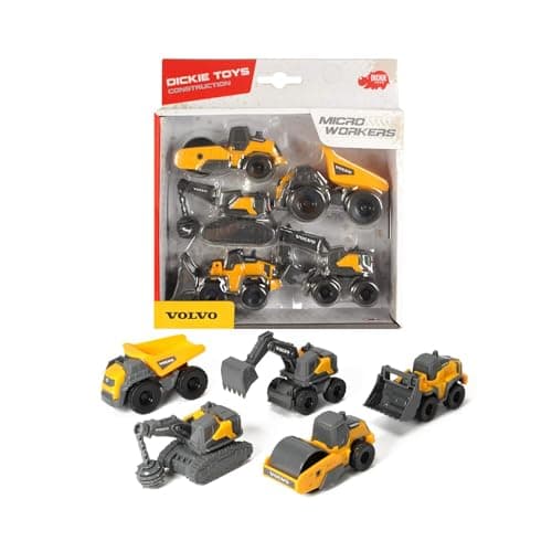 Image of Dickie Toys 203722008 Volvo Micro Workers, 5-Piece Toy Set, Excavator, Construction Site Set, Construction Vehicles, Construction Site Vehicles, Gift Set, for Children from 3 Years, Yellow/Grey