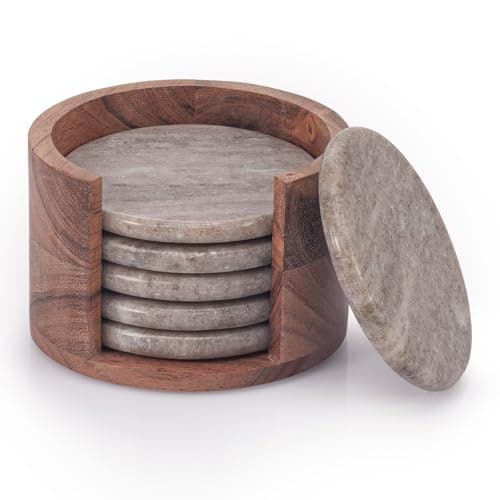 Image of EHC Round Marble Coaster Set of 6 with Wooden Holder, Drink Coasters with Anti-Slip Pads, Coasters for Cups, Mugs & Glasses, Natural
