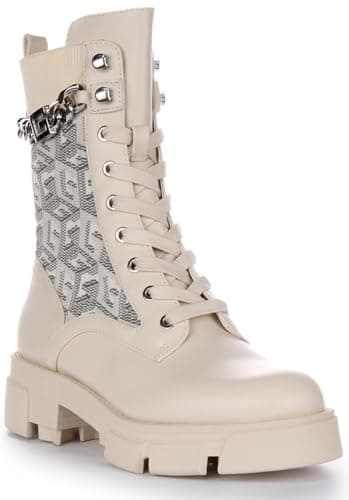 Image of GUESS FL7MDRELE10 Women's Madiera Cube G Chain Flat Lace Ankle Boots (Cream, UK 6)