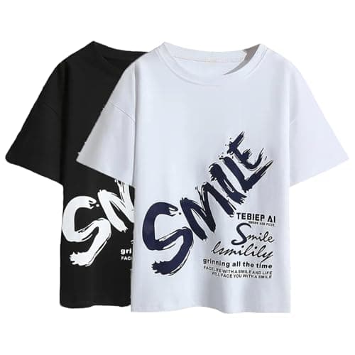 Image of Momkonzz Boys T Shirts 2 Pack Kids Graphic Short Sleeve Tees for Teen Boy Smile Letter Print Top 7-14T (Black White, 11-12T)