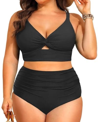 Image of CheChury High Waisted Bikini Set Plus Size Swimwear for Women Push Up Bikini Padded V-Neck Hollow-Out Ruched Tummy Control Bikini Bottoms Swimsuit Plus Size Swimming Costume Bathing Suit,Black,XXL