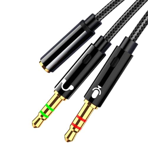Image of 1 Pcs Headphone Microphone Dispenser Cable, Headphone Mic Splitter 3.5mm Jack Audio Mic Braided Adapter Aux Female to 2 Male Cable Compatible with PC Computer Xbox Gaming Headset Speaker (Black)