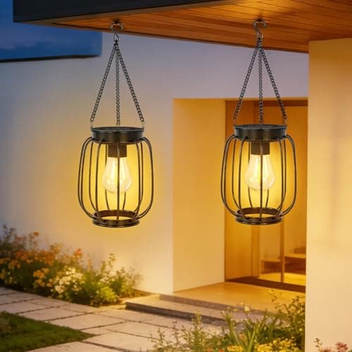 Image of OUTONLIFE Hanging Lanterns Outdoor, Metal Hanging Lights with Hook, Waterproof LED Lanterns for Outside, Classic Decorative -Powered Light for Yard Garden Patio Porch Decor, 2 Pack
