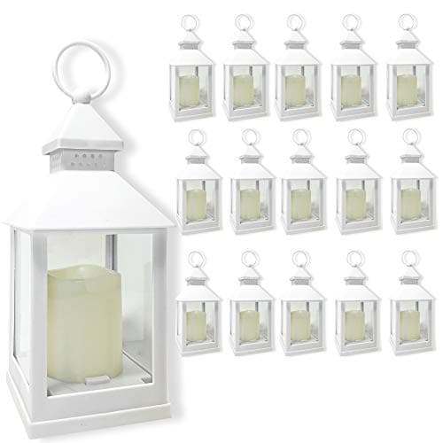 Image of Decorative White Lanterns - Set of 16-4 Hour Timer – 9 3/8" H White LED Lanterns with Flameless Pillar Candles Included - Indoor/Outdoor Lantern Set- Hanging or Sitting Decoration