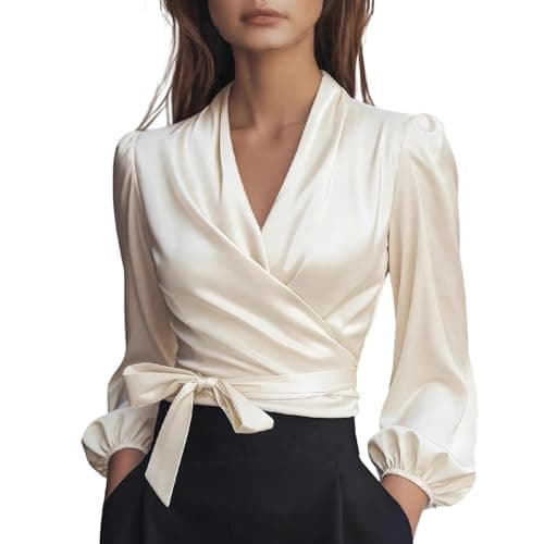 Image of Keepink Women's Satin Blouse Elegant Wrap V Neck Silk Shirts Solid Tie Detail Puff Long Sleeve Tops Dressy Casual Office Work Tops Elegant Formal Blouses for Evening Date Night