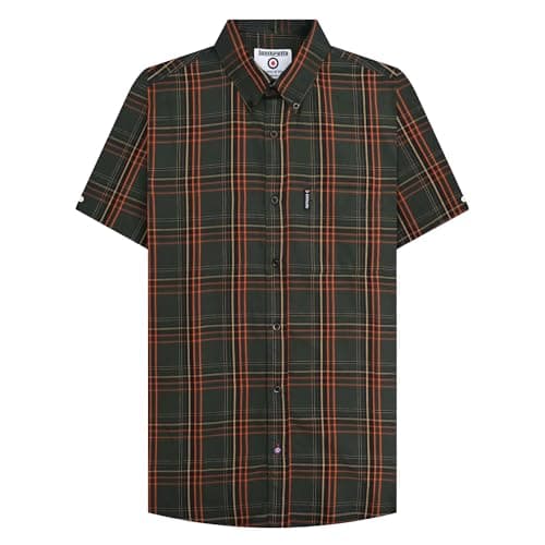 Image of Lambretta Mens Checked Short Sleeved Button Down Shirts (UK, Alpha, L, Regular, Regular, Khaki/Orange)