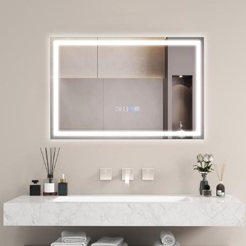 Image of COSTWAY Bathroom Mirror with LED Lights, Illuminated Backlit Wall Mounted Vanity Mirror with 3-Color Dimmable, Time/Temp Display & Touch Sensor, IP44 Anti-Fog Rectangular LED Wall Mirror (600x400mm)
