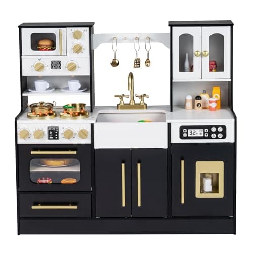 Image of COSTWAY Kids Wooden Kitchen, Pretend Play Kitchen with Realistic Lights & Sounds, Stoves, Sink, Faucet, Oven, Ice Machine, Microwave, Coffee Maker, Children Chef Role Playset for Boys Girls 3+ (Black)