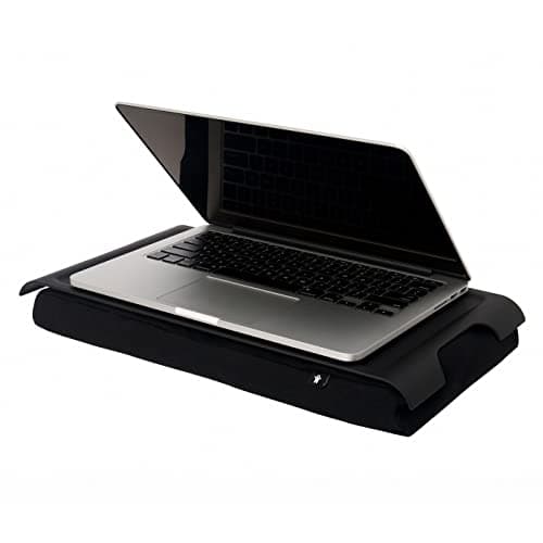 Image of Bosign Laptray with bean bag cushion. Portable Lap desk for Laptop, Breakfast, Dinner. Non-slip tray. Washable, removable cushion cover. Black plastic tray. Black cushion. MINI (43x23x6,5 cm)