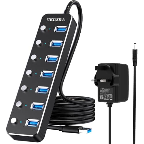 Image of Powered USB Hub, VKUSRA 7 USB 3.0 Data Hub Aluminum USB Splitter with Long 47in Cable and Individual On/Off Switch, 5V3A Power Adapter Included