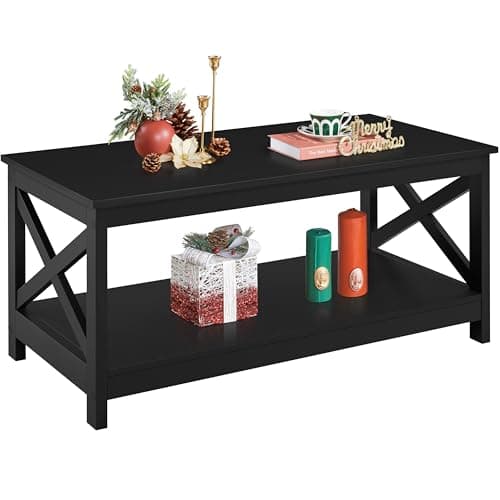 Image of Yaheetech Black Coffee Table, 2-Tier Wood Coffee Table with Storage Shelf, X Design Center Tea Table for Living Room Home Office