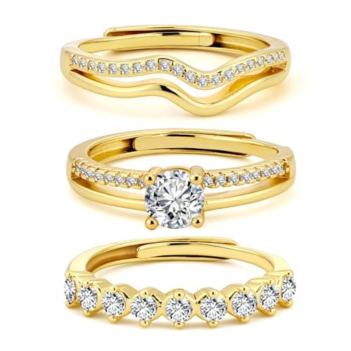 Image of ALEXCRAFT Rings Women Gold Adjustable Rings For Women Gold With Cubic Zircon Stones Stackable Ring14K Gold Plated 3Pcs
