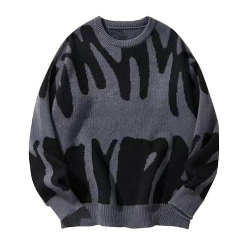 Image of Mens Oversized Sweaters Y2K Aesthetic Graphic Print Design Long Sleeve Crewneck Casual Pullover Knitted Pullover Sweater Gray