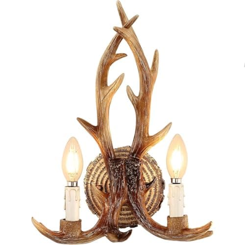 Image of LOGT Antler Wall Lamp Vintage Sconces E14 Antler Lighting 2 Flame Wall Lighting Creative Decorative Bedside Lamp Deer Antler Bed Light for Living Room Bedroom Kitchen Hallway