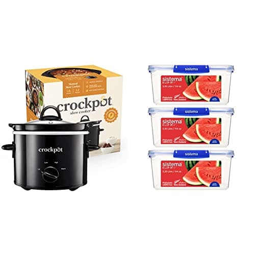 Image of Crockpot Slow Cooker 1.8L and 3 Sistema KLIP IT PLUS 3.35L Food Storage Containers