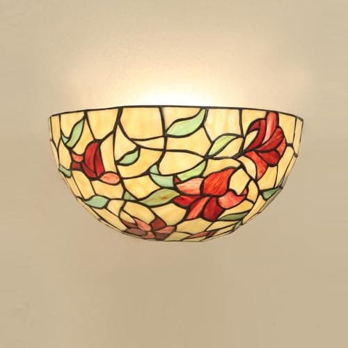 Image of Lampwise Red Lilies Tiffany Style Wall Sconce - 12" Stained Glass Lamp for Living Room, Bedroom, & More