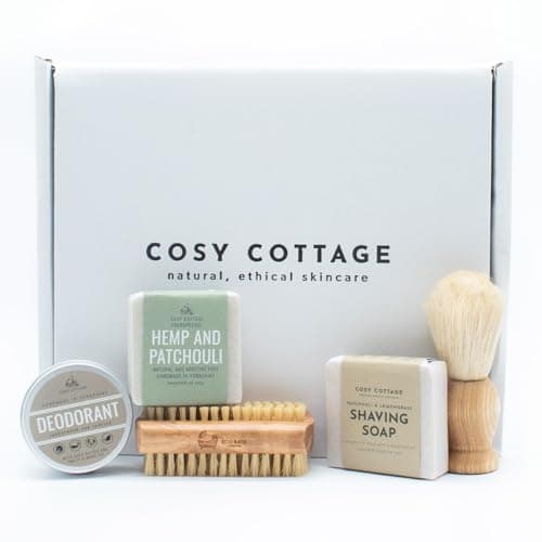 Image of Cosy Cottage Men’s Grooming Gift Box | Natural Handmade Shaving Soap, Hemp & Patchouli Soap, Sandalwood & Tea Tree Deodorant, Shaving & Nail Brush Gift Set | Eco Friendly Skincare Men Gift Ideas