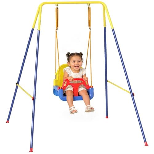 Image of AIYAPLAY 3 in 1 Toddler Swing Set, Folding Kids Swing Set with Seat Belt, Adjustable Seat and Removable Guardrails for Indoor and Outdoor Use, Grows with Child from Baby to Kid, Blue