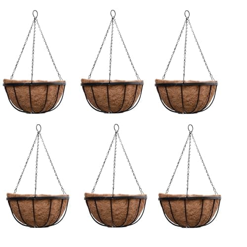 Image of Thompson & Morgan Natural Garden Hanging Baskets & Liners Perfect for Trailing Plants and Flowers 30cm Metal Hanging Basket Frames & Coconut Husk Liners (6)