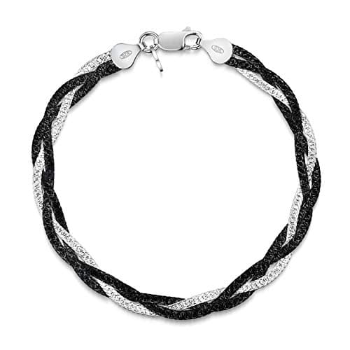 Image of Amberta Women's 925 Sterling Silver Braided Herringbone Chain Bracelet (Length 7.5 inch): Silver Plated Black
