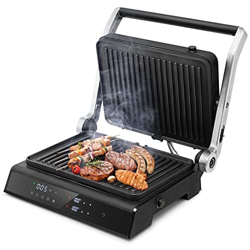 Image of COSTWAY 3 in 1 Electric Health Grill & Panini Press, 5 Auto Modes Sandwich Toaste Maker with Non-Stick Coated Plates, LED Touch Panel, Temperature Control, 4H Timer & Drip Tray (Bakelite Top)