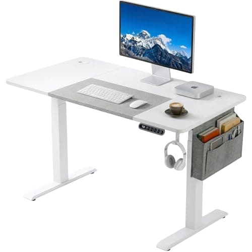 Image of Blisswood Electric Standing Desk Height Adjustable 110 × 60cm, Sit Stand Small Computer Office Desk with Memory Smart Panel, Splice Board PC Table with Storage Pockets, Home Writing Workstation_White
