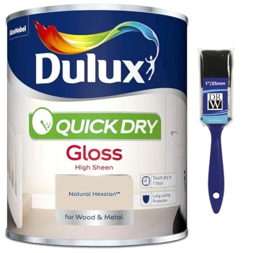 Image of Natural Hessian Quick Dry Gloss Paint 750ml+ 1" Paint Brush | Interior Wood and Metal Paint | High Shine Durable Finish | Fast Drying Trim Paint for Doors Skirting Boards Radiators and Furniture