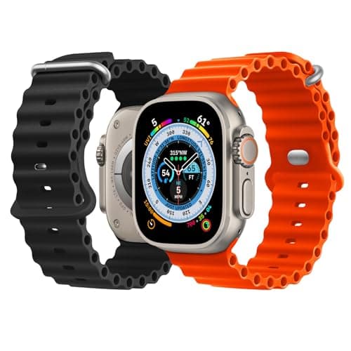 Image of NUKELOLO Waterproof Ocean Silicone Strap for Apple Watch Ultra 3/2/1 49/46/45/44/42mm, Sport Band for Series 11 10 9 8 7 6 5 4 SE 3 2 1, Comfortable Fit for Swimming & Daily Wear, Black/Orange