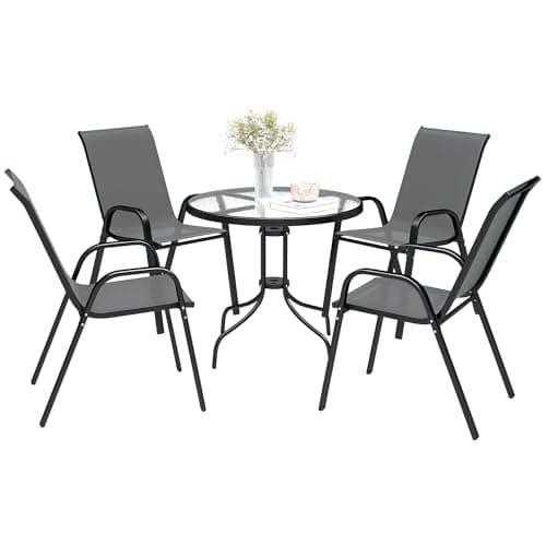Image of Outsunny 5 Pieces Garden Dining Set, 4 Seater Garden Furniture with High Back Stackable Chairs and Round Glass Top Table, Outdoor Bistro Set with Parasol Hole for Patio, Dark Grey